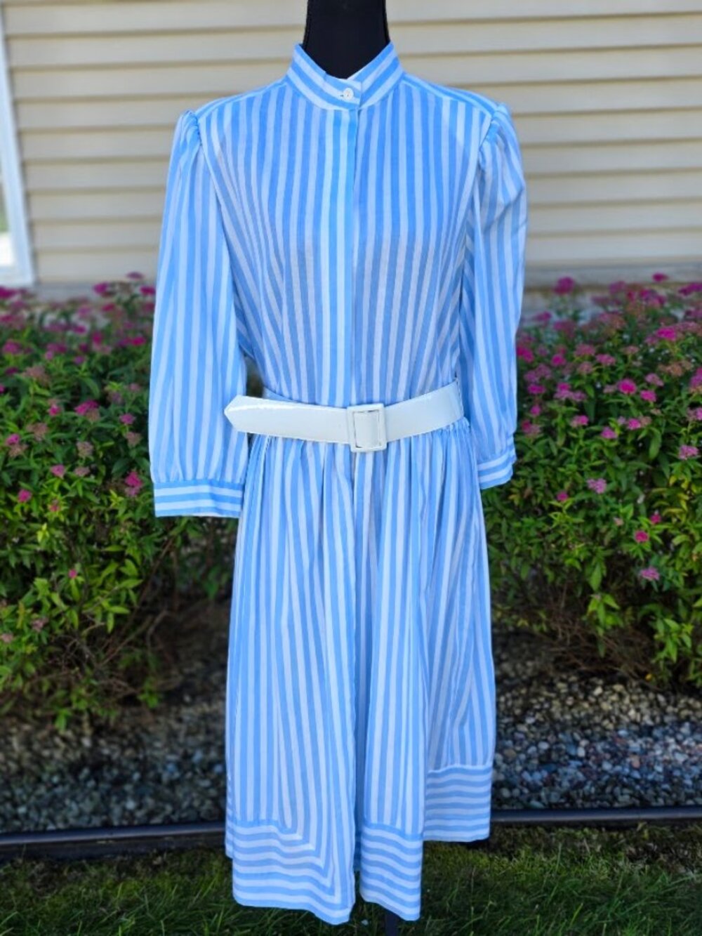 Vintage 80s R.E.O. Originals Blue White Striped Belted Midi Dress